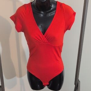 A&G |Red V-Neck Women's Top With Button Crotch